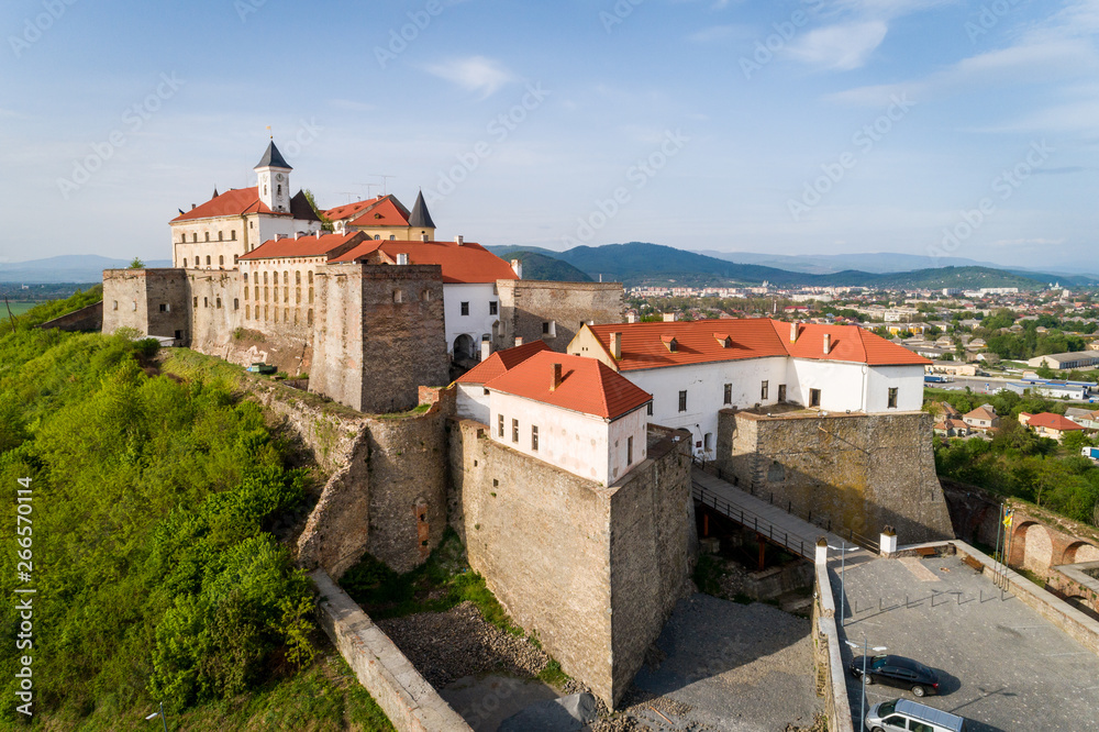 Beautiful aerial view of Palanok Castle in Mukachevo , Ukraine