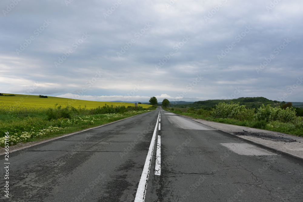 Empty old asphalt road with cracks and patches, cloudy day after rain in Bulgarian countryside Empty old asphalt road with cracks and patches, cloudy day after rain in Bulgarian countryside