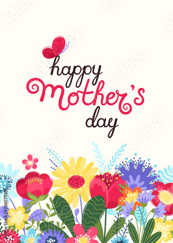 Mother s day greeting card. Mother s day background with hand written text happy mother s day and colorful flowers in flat style.