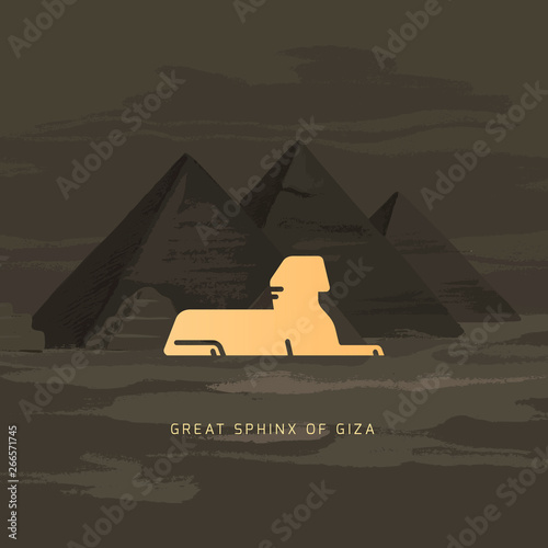 Vector icon of Great Sphinx of Giza isolated on the hand-drawn vector illustration of the pyramids of Egypt.