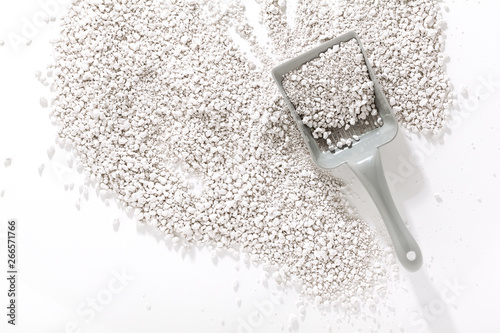 sand for cats and scoop for cleaning. on a white background