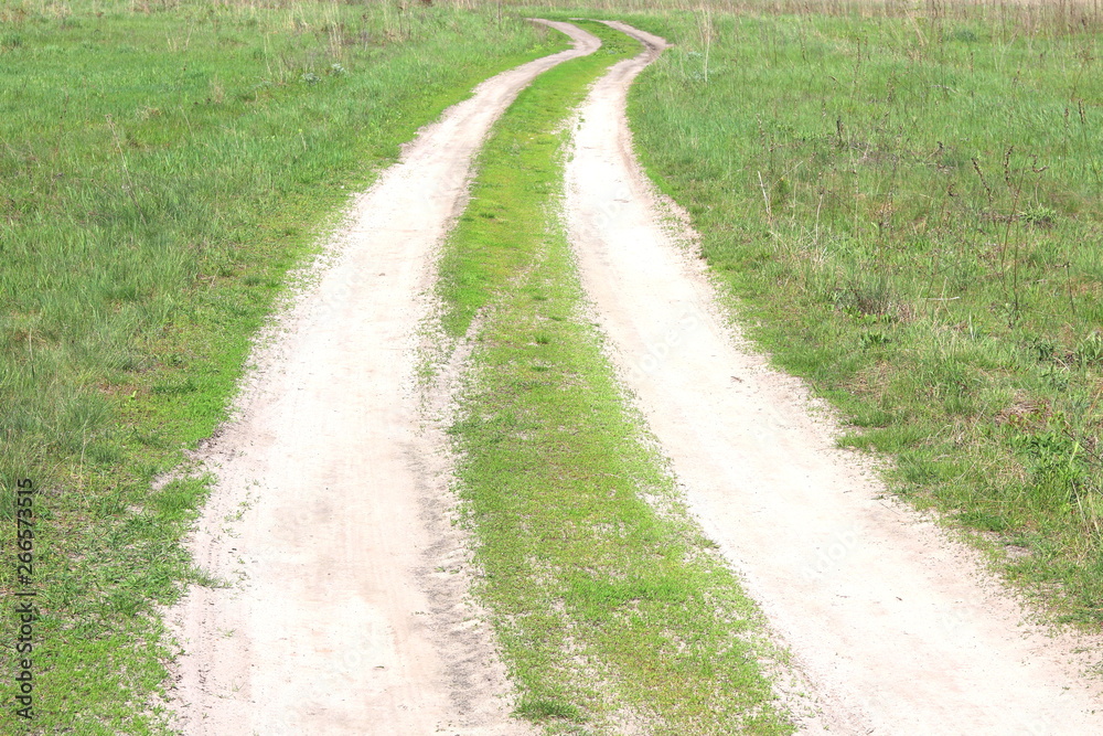 Rural dirt road on background of green grass in early summer Rural dirt road on background of green grass in early summer