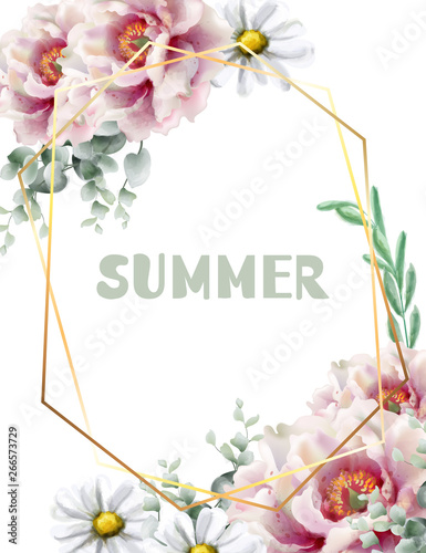 Spring flowers frame card Vector watercolor. Wedding invitation. Summer fest ...
