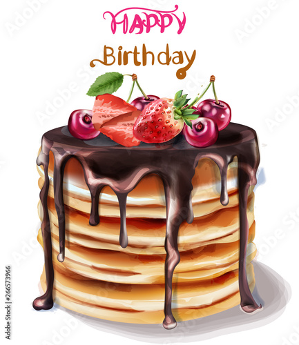 Happy birthday cake. Vector watercolor. Chocolate filling and fruits toppings