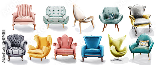 Vintage retro armchair set collection Vector watercolor. Modern style furniture. Old effect designs