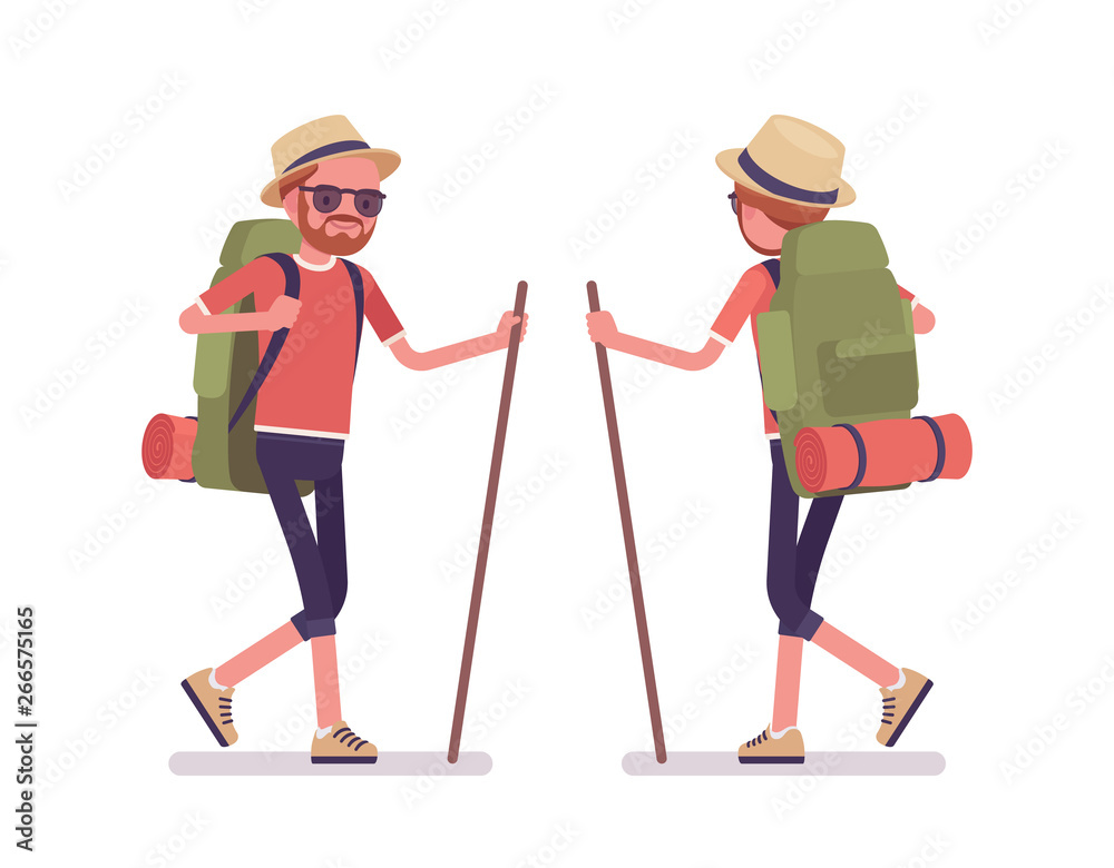 Hiking man walking. Male tourist with backpacking gear, wearing clothes for outdoor sporting or leisure activity. Vector flat style cartoon illustration isolated on white background, front, rear Hiking man walking. Male tourist with backpacking gear, wearing clothes for outdoor sporting or leisure activity. Vector flat style cartoon illustration isolated on white background, front, rear