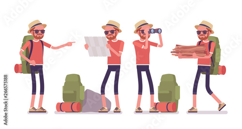 Hiking man exploring route. Male tourist with backpacking gear, wearing clothes for outdoor walks, sporting or leisure activity. Vector flat style cartoon illustration isolated on white background