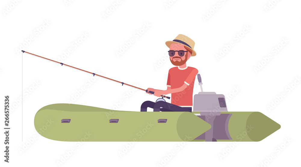 Hiking man fishing in an inflatable boat. Male tourist travelling over water, wearing clothes for outdoor sporting, leisure activity. Vector flat style cartoon illustration isolated, white background
