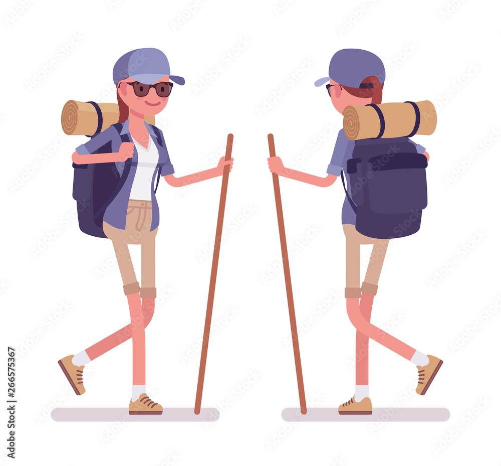 Hiking woman walking. Female tourist with backpacking gear, wearing clothes  for outdoor sporting or leisure activity. Vector flat style cartoon  illustration isolated on white background, front, rear Stock Vector | Adobe  Stock