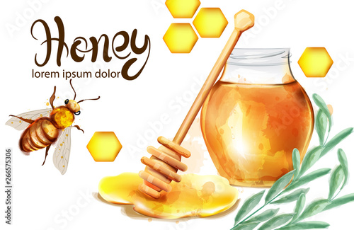 Honeycomb banner watercolor illustration. sunflower and bees Vector templates