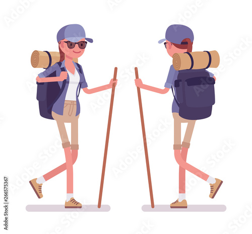 Hiking woman walking. Female tourist with backpacking gear, wearing clothes for outdoor sporting or leisure activity. Vector flat style cartoon illustration isolated on white background, front, rear