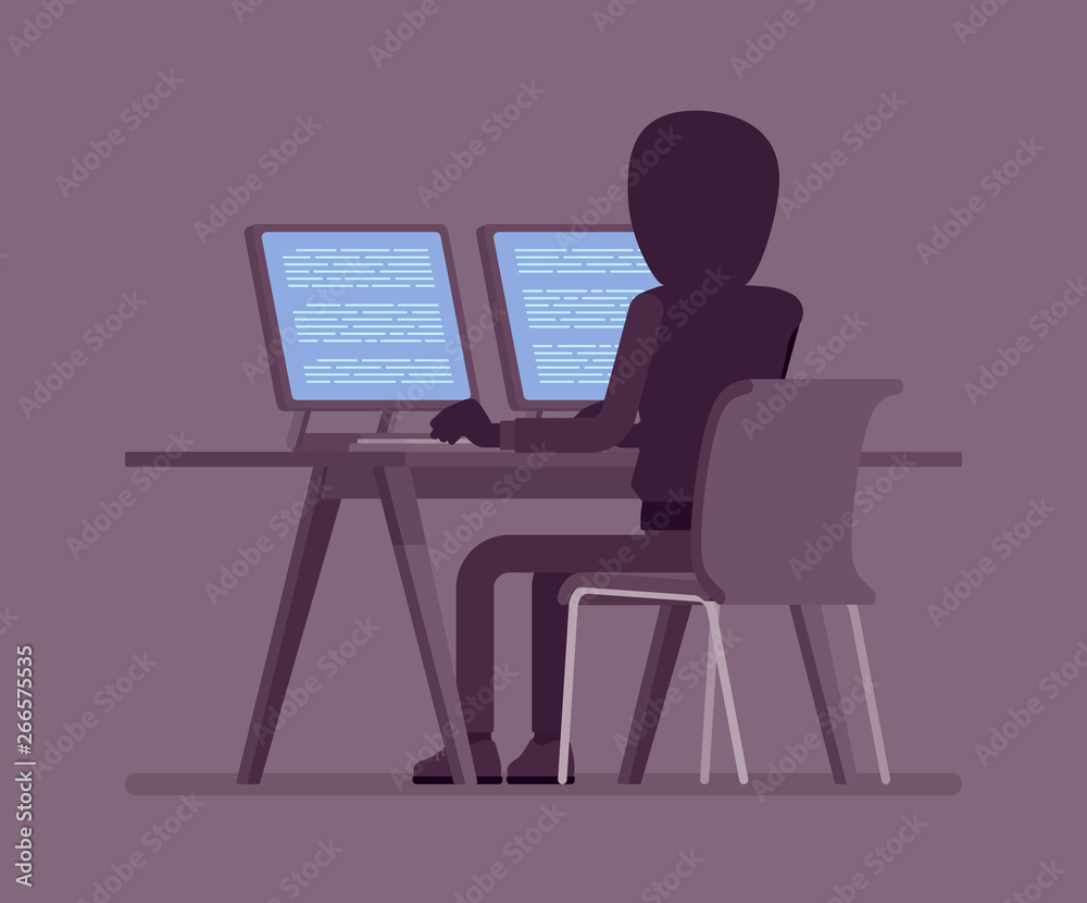 Anonymous man with hidden face at computer. Hacker dark body, covered with hood, online person not identified by name, unknown faceless user with evil intentions. Vector illustration, rear view Anonymous man with hidden face at computer. Hacker dark body, covered with hood, online person not identified by name, unknown faceless user with evil intentions. Vector illustration, rear view
