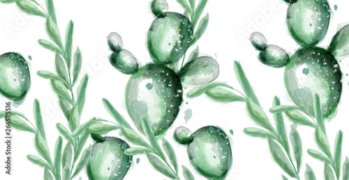 Cactus summer pattern Vector watercolor. Exotic dessert textures