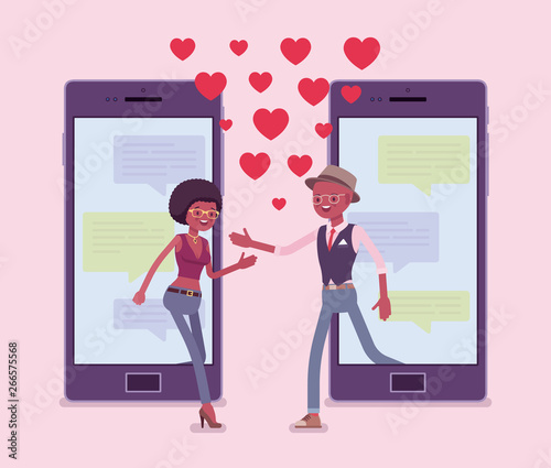Dating from mobile application, pair match on smartphone screen with chat. Happy black man and woman put together, meet life partner via social network service, heart love symbols. Vector illustration