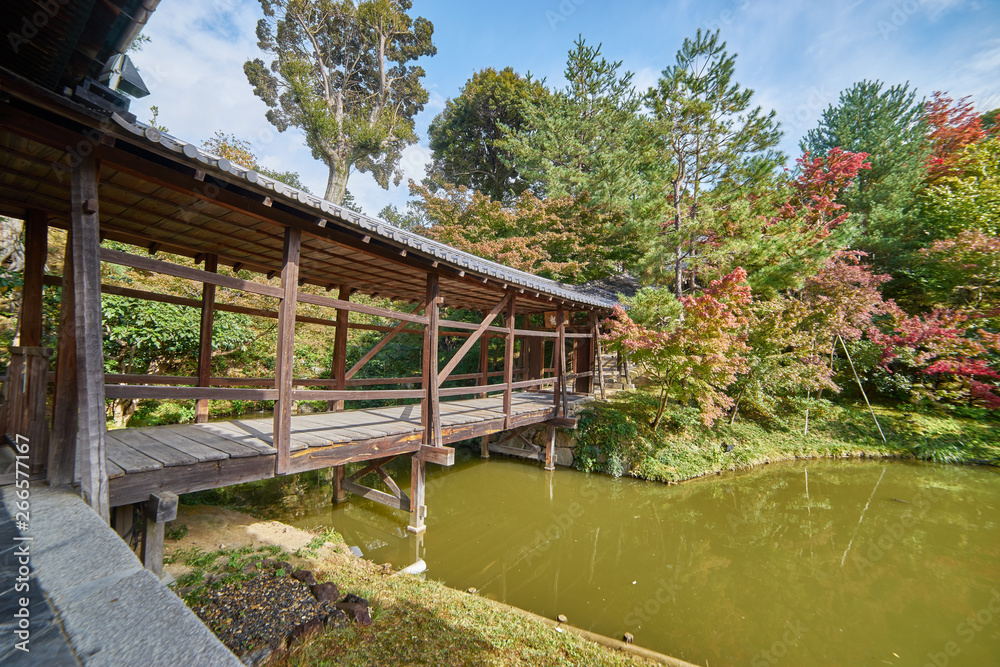 Beautiful wooden walkway at Kōdaiji temple. A Serene setting with a buddhist temple with seasonal light festivals in Kyoto, Japan.