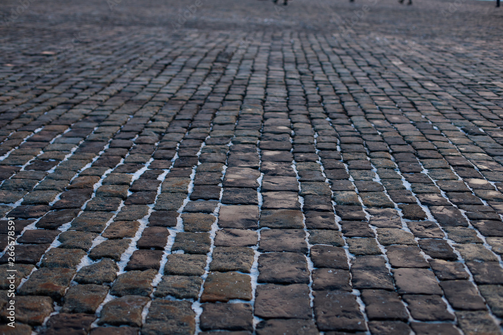 Fototapeta premium Stone pavement in perspective. Old street paved with stone blocks. Shallow depth of field. Vintage grunge texture.