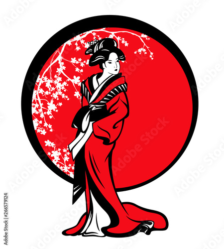beautiful japanese geisha wearing traditional kimono among blooming sakura branches - vector outline design