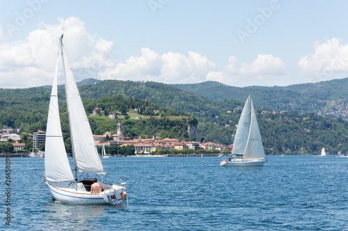 Sailing boats on the Lake Maggiore in a sunny day