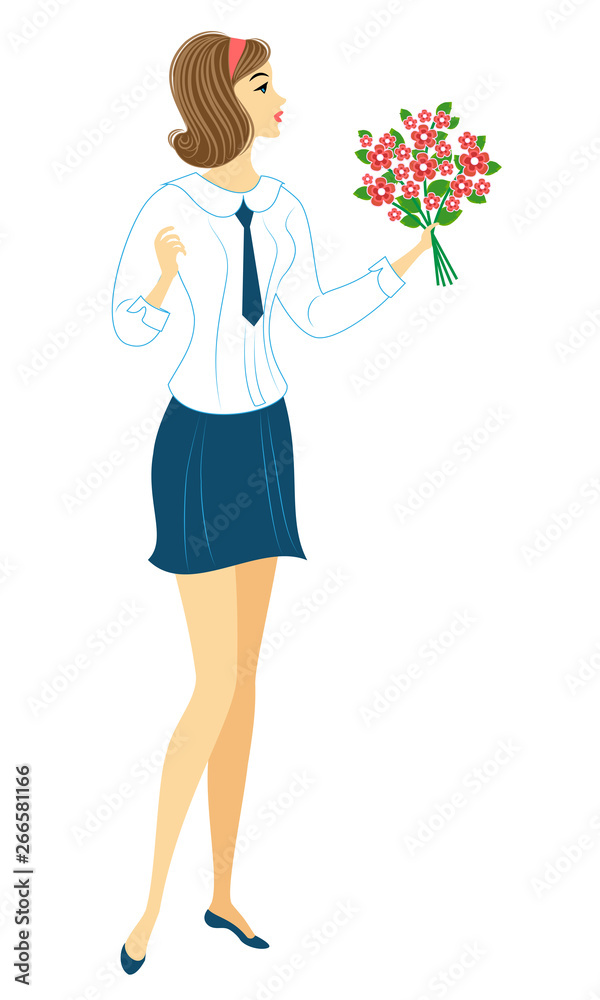 A young schoolgirl goes to school. The girl is very nice, she has a good mood, a smile. The lady carries a bouquet of flowers and a briefcase with textbooks. Vector illustration A young schoolgirl goes to school. The girl is very nice, she has a good mood, a smile. The lady carries a bouquet of flowers and a briefcase with textbooks. Vector illustration