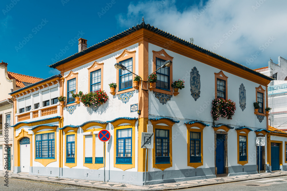 View of the beautiful old facades buildings in Art Nouveau architectural style in Aveiro city, Portugal