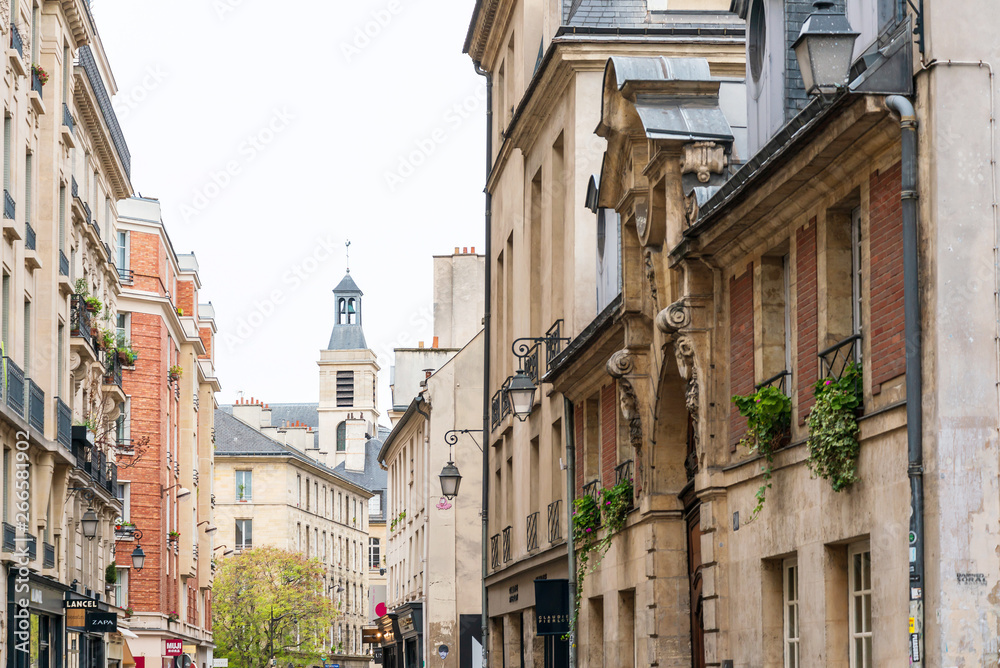 PARIS, FRANCE - MARCH 31, 2019: beautiful Street view of Buildings, Paris city, France.