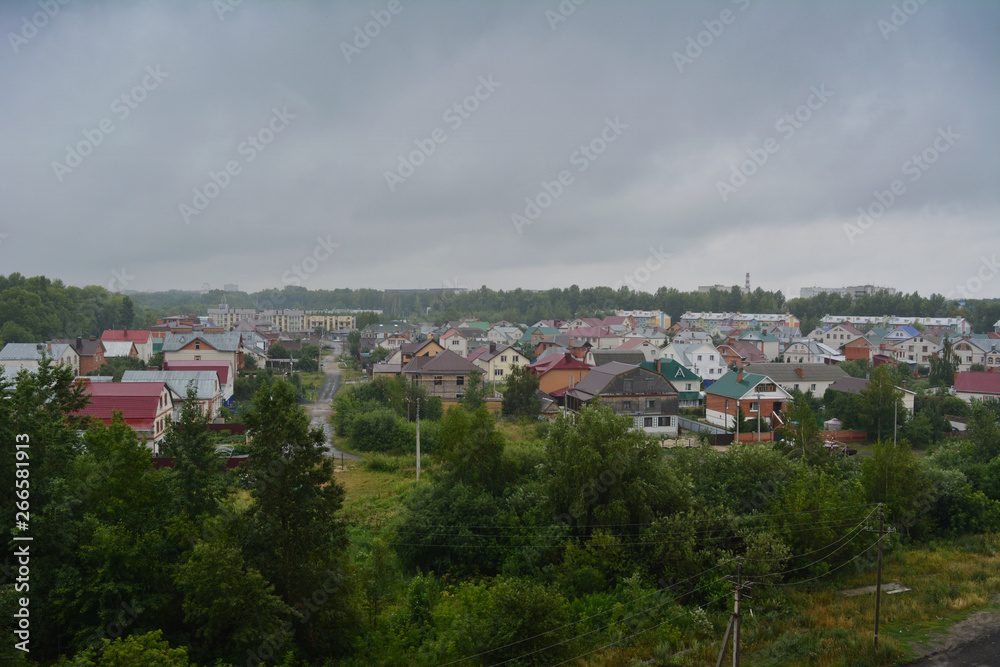 View from top on small town with houses and trees in overcast day.