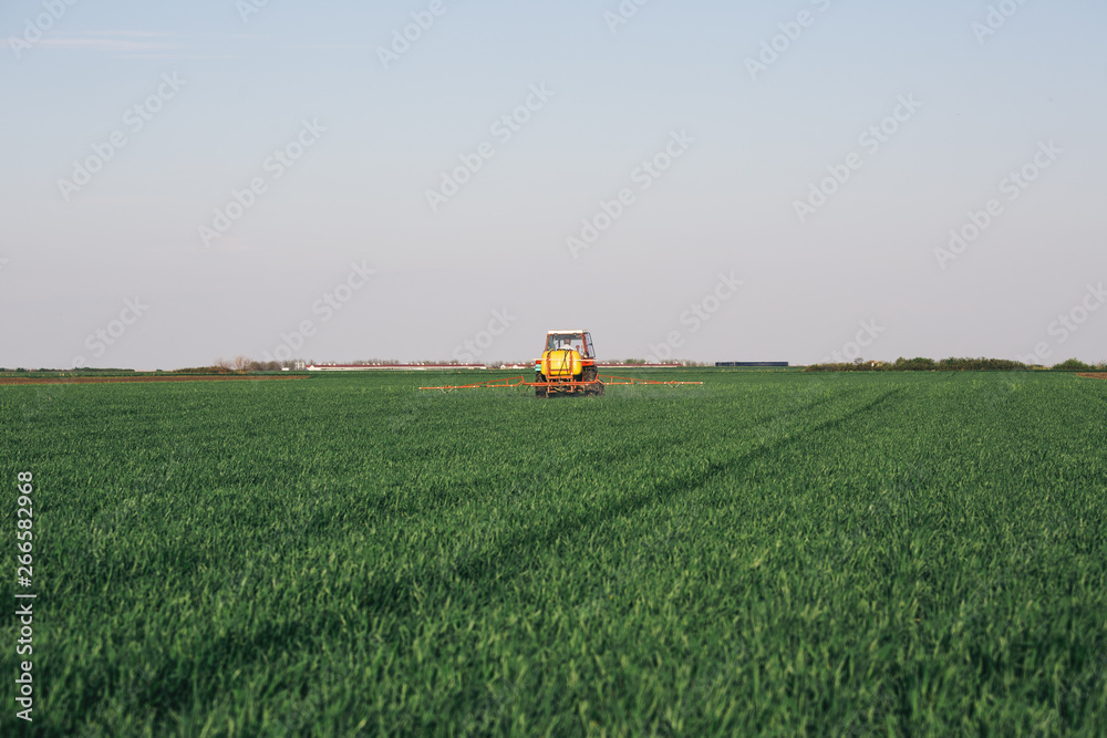 Tractor spraying wheat field with sprayer Tractor spraying wheat field with sprayer