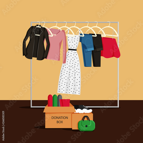 Vector Illustration of Clothes Donation. Carton Boxes Full of Clothes. Jacket, Skirt, Jeans and Dress on Hangers. Concept Design of Donate Clothes. Drawing for Charity Day