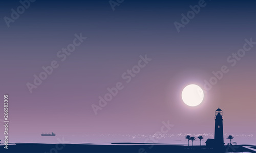 Vector travel banner with a night tropical seascape. Silhouettes of lighthouse, palm trees and white ship in the sea at moonlit night. Summer poster, flyer, invitation, card, background.