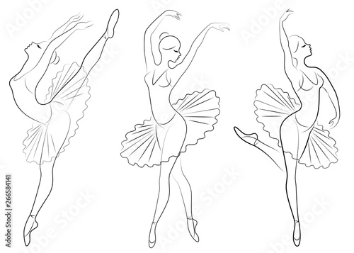 Collection. Silhouette of a cute lady, she is dancing ballet. The girl has a beautiful figure. Woman ballerina. Vector illustration set