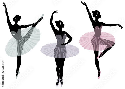 Collection. Silhouette of a cute lady, she is dancing ballet. The girl has a beautiful figure. Woman ballerina. Vector illustration set