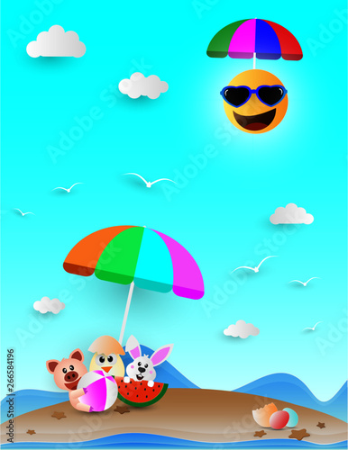Summer vacation. Funny animal on the beach with the sun wearing sunglasses © Lek