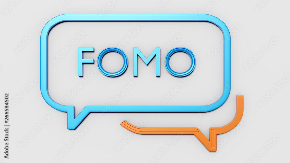 Concept of social media chat icon with FOMO text inside - Fear of Missing Out 3D render Concept of social media chat icon with FOMO text inside - Fear of Missing Out 3D render