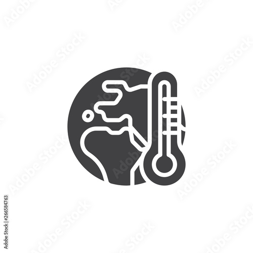 Global warming vector icon. Earth with thermometer filled flat sign for mobile concept and web design. Temperature of earth planet glyph icon. Symbol  logo illustration. Pixel perfect vector graphics