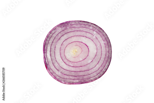 One half of fresh raw whole purple onion isolated on white background