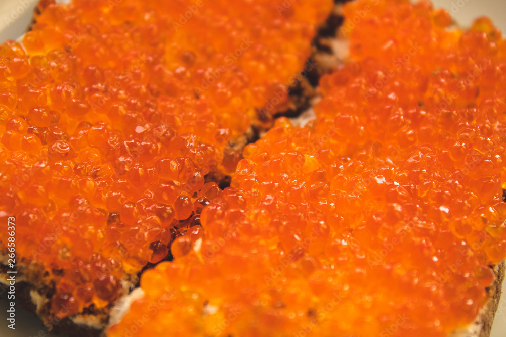 Macro photo of red caviar on a white and rye bread sandwich Macro photo of red caviar on a white and rye bread sandwich