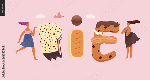 Dessert lettering - Pie - modern flat vector concept digital illustration of temptation font, sweet lettering and girls. Caramel, toffee, biscuit, waffle, cookie, cream and chocolate letters