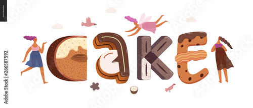 Dessert lettering - Cake - modern flat vector concept digital illustration of temptation font, sweet lettering and girls. Caramel, toffee, biscuit, waffle, cookie, cream and chocolate letters