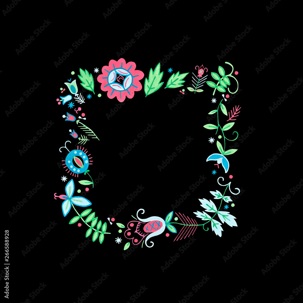 Floral frame with green foliage and flower on black background. Flower garland for beauty & bath natural products. Botanical folklore hand-painted gouache illustration for creation of textile design.