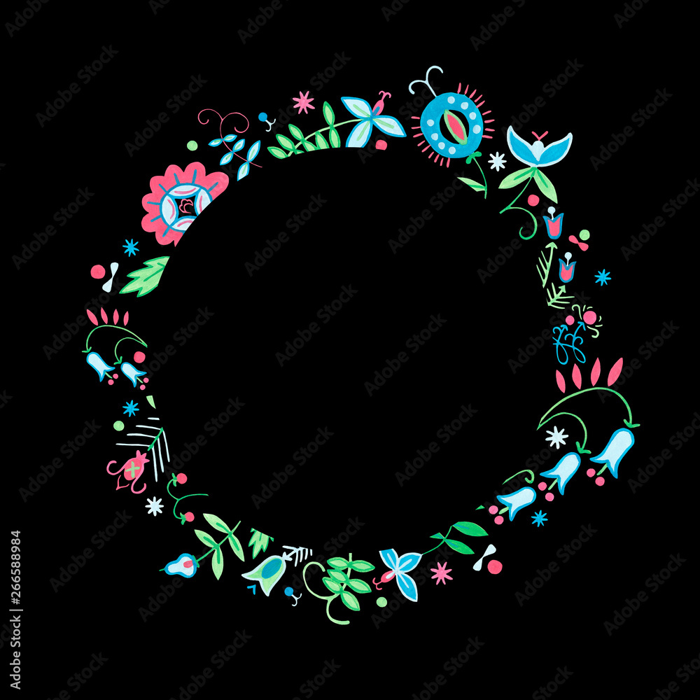 Floral wreath with green foliage and flower on black background. Flower garland for beauty & bath natural products. Botanical folklore hand-painted gouache illustration for creation of textile design.