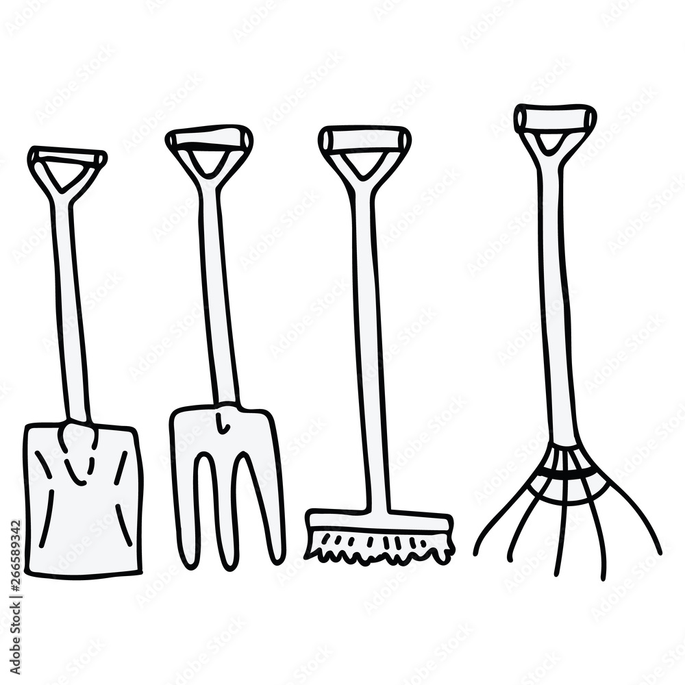 Cute lineart gardening tools cartoon vector illustration motif set. Hand  drawn spade, rake and broom blog icons. Botanical equipment monochrome  graphics. Pitchfork web buttons. Stock Vector | Adobe Stock