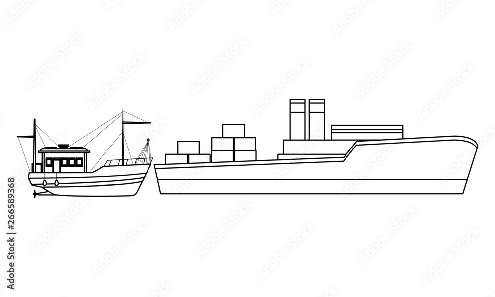 Cargo ship with container boxes and fishing boat black and white