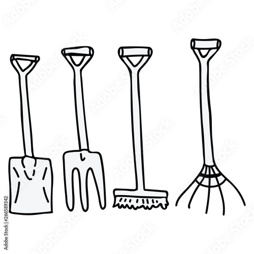 Cute lineart gardening tools cartoon vector illustration motif set. Hand drawn spade, rake and broom blog icons. Botanical equipment monochrome graphics. Pitchfork web buttons.