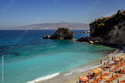 Albania, ksamil -14 July 2018. Tourists are resting on the beach of the Ionian Sea.