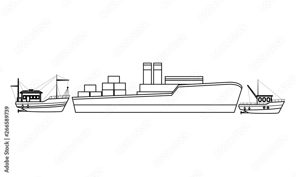 Cargo ship with container boxes and fisher boats black and white