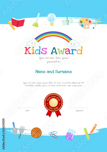 Kids Diploma or certificate template with colorful background for kid camp