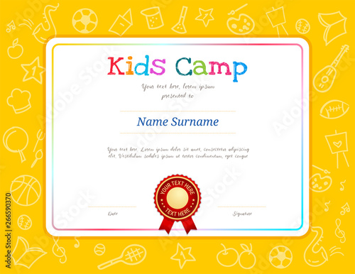 Kids Diploma or certificate template with colorful background for kid camp