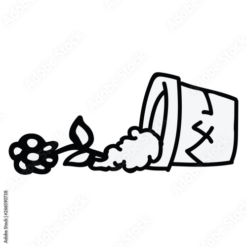 Cute broken terracotta pot lineart with fallen flower cartoon vector illustration motif set. Hand drawn for domestic gardening blog icons. Botanical equipment graphics. Monochrome web buttons.