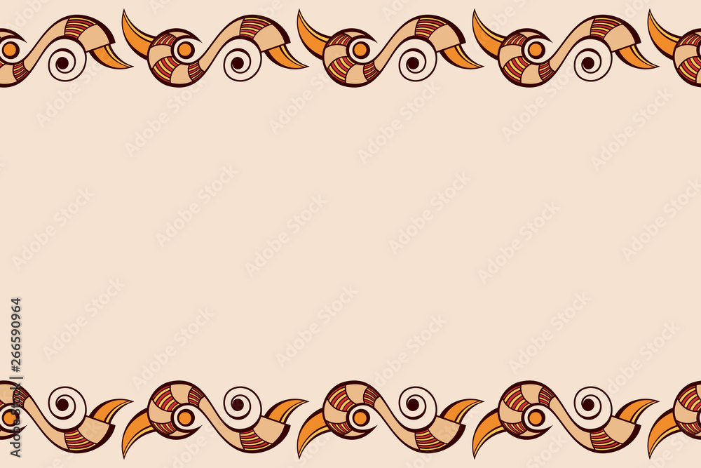 Fototapeta premium Seamless horizontal border pattern with abstract geometric symbols isolated on beige background.