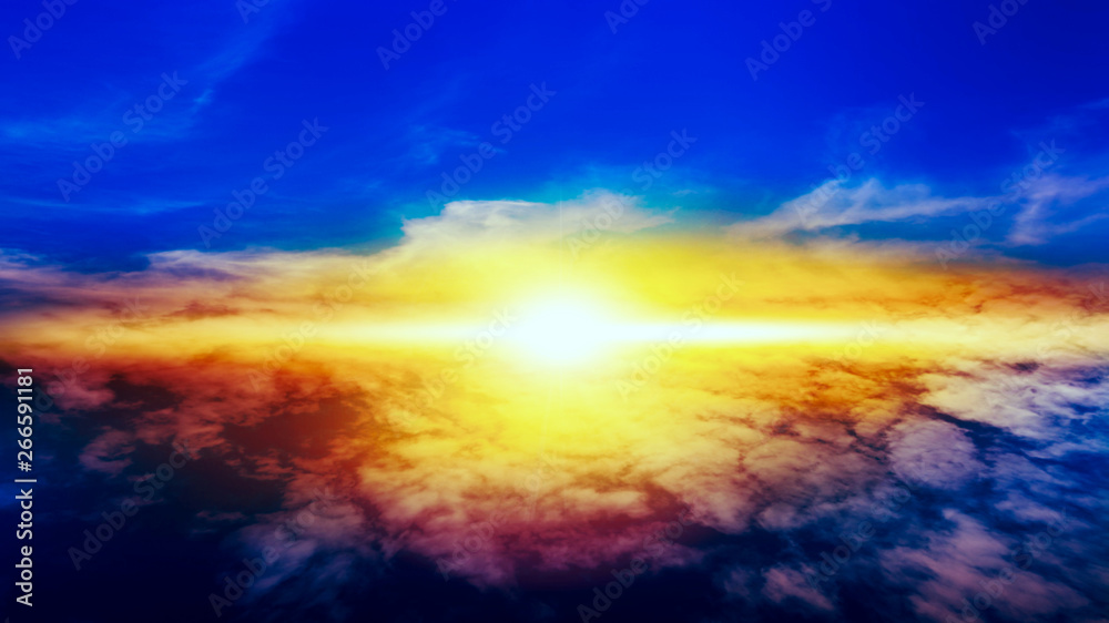  Beautiful heavenly landscape with the sun in the clouds . View of clouds from high altitude . Paradise heaven .light about the sky .